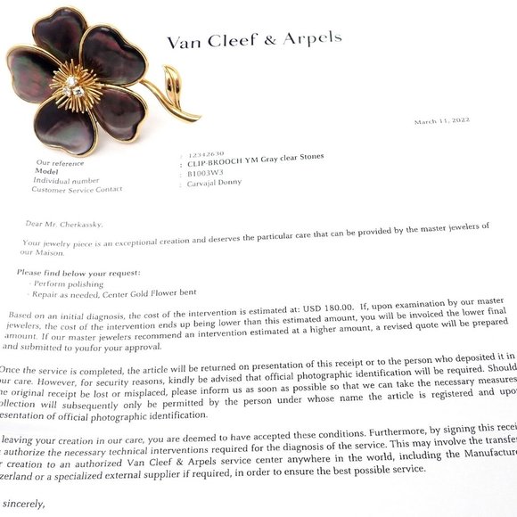 Van Cleef & Arpels Clématite 18k Yellow Gold Diamond Gray Mother of Pearl Brooch - Picture 3 of 9